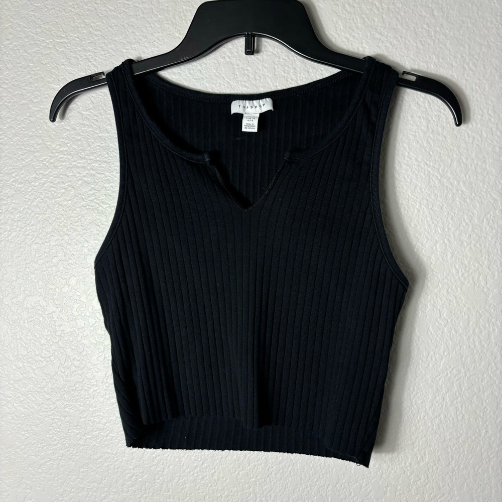 Topshop Black Ribbed Crop Tank Top Sz 6 Cutout V-Neck